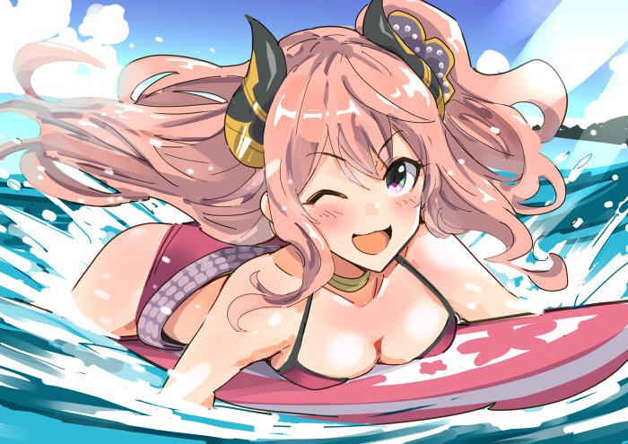 1girl ;3 ;d bare_shoulders bikini black_horns blue_sky blush breasts cleavage cloud collarbone commentary day demon_girl demon_horns floating_hair gold_horns horns ito_ryo long_hair looking_at_viewer lying medium_breasts multicolored_horns ocean official_alternate_costume on_stomach one_eye_closed one_side_up open_mouth pink_hair princess_connect! red_bikini sidelocks sky smile solo string_bikini surfboard suzuna_(princess_connect!) suzuna_(summer)_(princess_connect!) swimsuit two-tone_horns