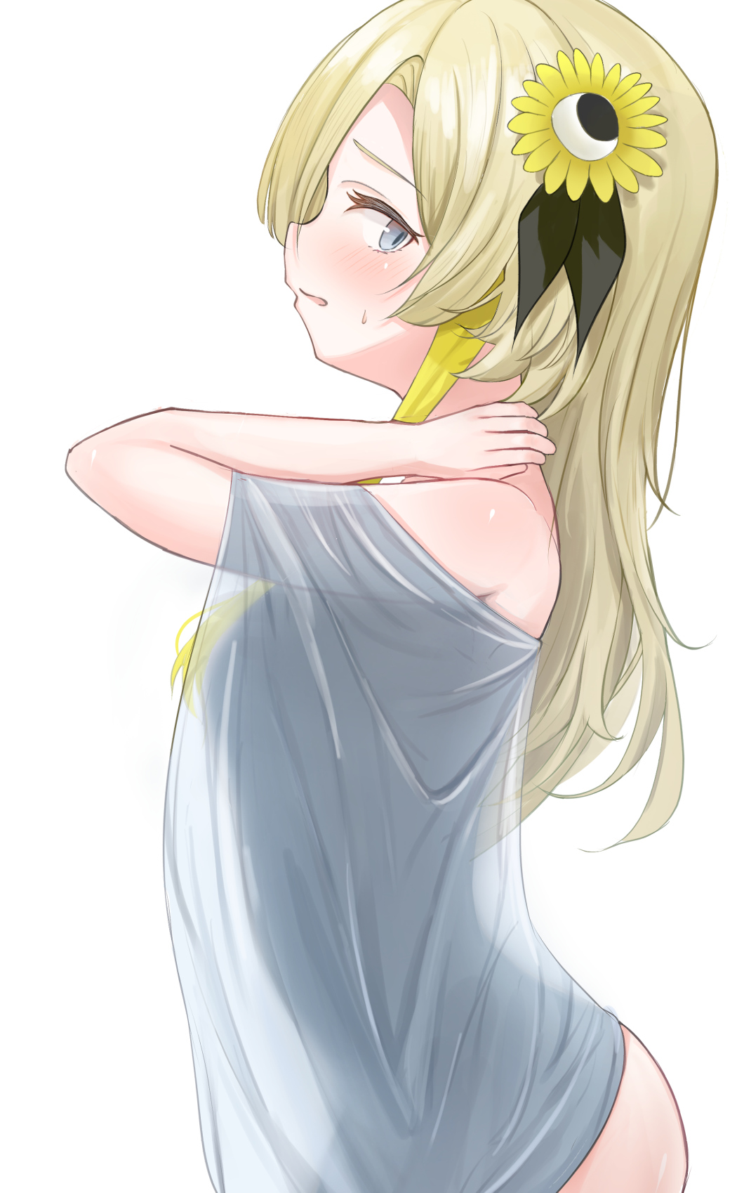 :s blonde_hair blue_eyes blush bottomless breasts embarrassed flower hair_flower hair_ornament hand_on_own_neck highres huyuhnyuken isekaijoucho kamitsubaki_studio long_hair multicolored_hair petite see-through_clothes shirt sidelocks simple_background small_breasts white_background white_shirt