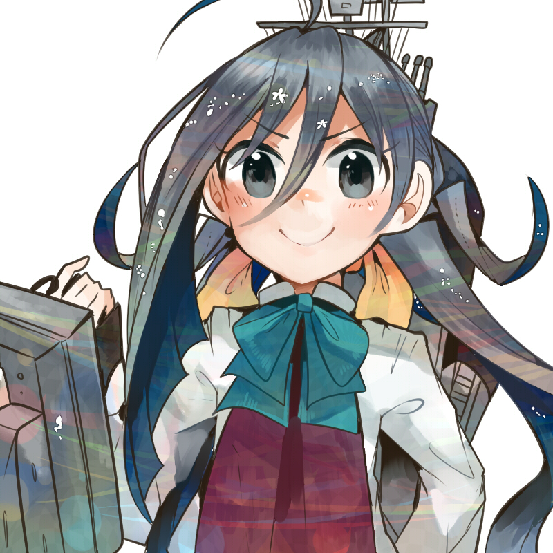 1girl bow bowtie grey_eyes grey_hair hair_ribbon itomugi-kun kantai_collection kiyoshimo_(kancolle) long_hair long_sleeves low_twintails ribbon school_uniform shirt skirt smile solo twintails vest