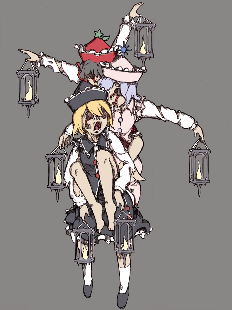 3girls ankle_socks barefoot black_footwear black_hat black_skirt black_vest blonde_hair blood bolos brown_hair carrying collared_vest commentary crescent crescent_hat_ornament english_commentary eye_socket fire frilled_hat frilled_skirt frilled_vest frills full_body grey_background hat hat_ornament holding holding_lantern lantern long_sleeves lunasa_prismriver lyrica_prismriver medium_skirt merlin_prismriver monsterification multiple_girls open_mouth outstretched_arms piggyback pink_hat pink_skirt pink_vest purple_hair red_hat shirt shoes short_hair simple_background skirt skirt_set socks star_(symbol) star_hat_ornament sun_hat_ornament teeth toes torn_clothes torn_sleeves touhou vest white_shirt white_socks