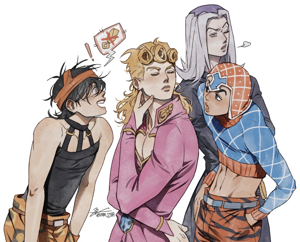 ! 4boys alternate_hairstyle animal_print black_eyes blonde_hair brown_eyes closed_eyes commentary_request crop_top earrings giorno_giovanna grey_hair guido_mista hands_in_pockets jewelry jojo_no_kimyou_na_bouken korean_commentary leone_abbacchio long_hair male_focus midriff mm_jjba multiple_boys narancia_ghirga navel one_eye_closed open_mouth purple_eyes signature spoken_object stud_earrings tiger_print turtleneck turtleneck_crop_top vento_aureo