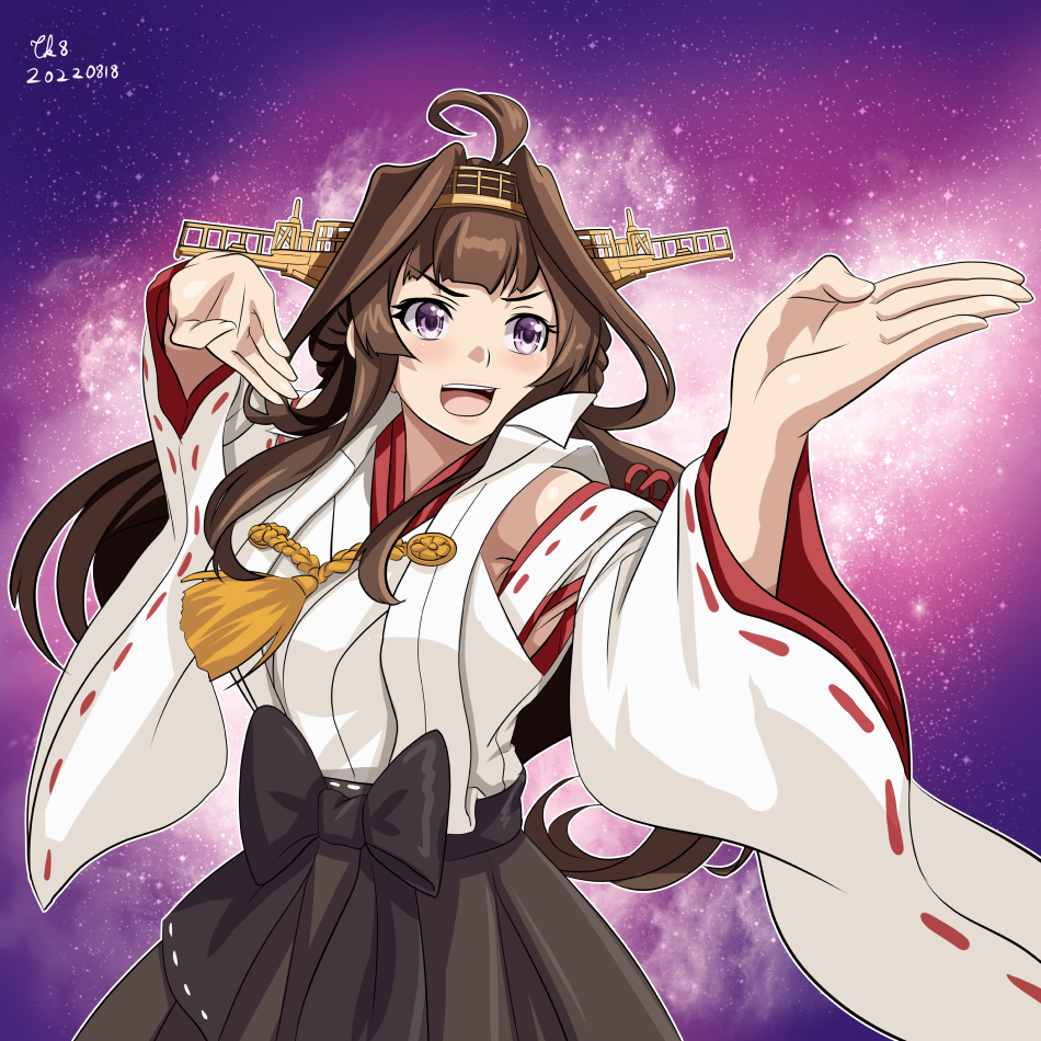 1girl ahoge artist_name bare_shoulders black_skirt blush brown_hair dated detached_sleeves double_bun g_gundam gundam hair_bun hairband headgear japanese_clothes kantai_collection kongou_(kancolle) kongou_kai_ni_(kancolle) long_hair master_asia nontraditional_miko open_mouth pleated_skirt purple_eyes ribbon-trimmed_sleeves ribbon_trim signature skirt solo tk8d32 upper_body white_sleeves wide_sleeves