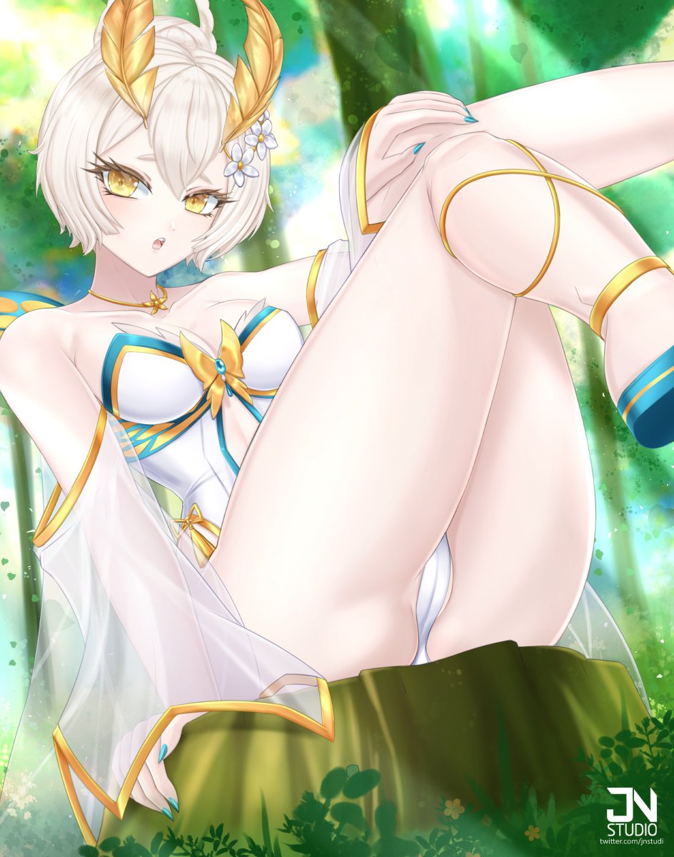 1girl arthropod_girl artist_name blue_nails breasts cameltoe clothing_cutout feather_hair_ornament feathers flower gold_trim grass hair_flower hair_ornament highres indie_virtual_youtuber insect_girl insect_wings jnstudio leotard moth_girl moth_wings open_mouth sanagi_yuzu see-through_clothes see-through_sleeves short_hair sitting on_tree_stump solo stomach_cutout strapless strapless_leotard tassel twitter_username virtual_youtuber white_flower white_hair white_leotard wings yellow_eyes yellow_feathers