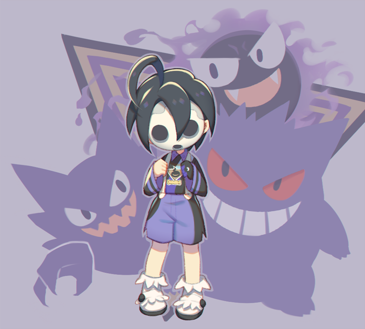 1boy ahoge allister_(pokemon) black_hair clenched_hands collared_shirt commentary_request gastly gen_1_pokemon gengar gloves hands_up haunter male_focus mask nintendo pokemon pokemon_(creature) pokemon_swsh shirt shoes short_hair shorts side_slit side_slit_shorts single_glove socks standing suspenders white_footwear white_socks wusagi2