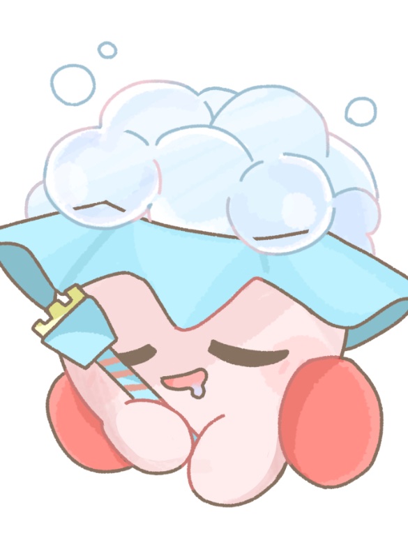 ankanamoti bubble bubble_kirby closed_eyes copy_ability drooling holding kirby kirby_(series) kirby:_squeak_squad nintendo open_mouth saliva sleeping smile u_u white_background