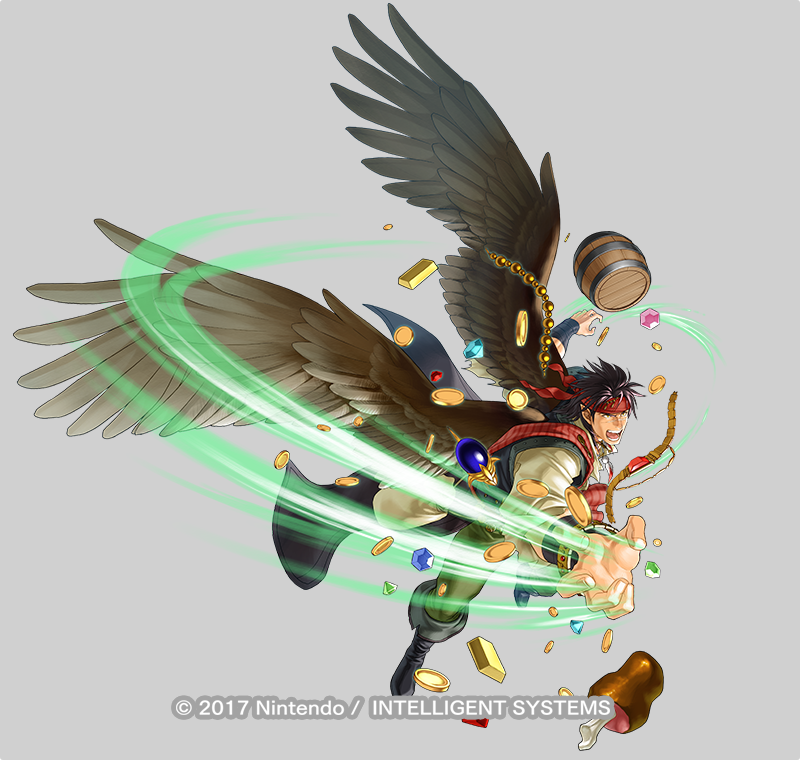 1boy alternate_costume bag bandages barrel belt boots bracelet brown_hair coin copyright_notice dagger drink feathered_wings feathers fire_emblem fire_emblem:_radiant_dawn fire_emblem_heroes food full_body gem grey_background headband jewelry kita_senri knife laguz_(fire_emblem) male_focus meat necklace nintendo official_art open_mouth pointy_ears scar solo teeth tibarn_(fire_emblem) tibarn_(pirate)_(fire_emblem) weapon wings yellow_eyes