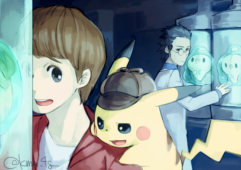 2boys black_eyes closed_mouth clothed_pokemon commentary_request creature deerstalker detective_pikachu_(character) detective_pikachu_(game) detective_pikachu_(series) duosion expressionless gen_1_pokemon gen_5_pokemon glasses hat indoors kimimi_(kmm) lab_coat looking_at_another male_focus multiple_boys nintendo on_shoulder open_mouth pikachu pokemon pokemon_(creature) pokemon_on_shoulder signature standing tim_goodman wallace_carroll