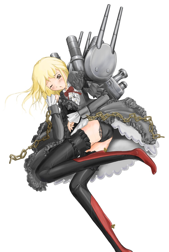 1girl battleship black_panties blonde_hair blush chain dress female_focus imperial_german_navy kriegsmarine lace lace-trimmed_panties lace_trim mecha_musume military military_vehicle multicolored_legwear nano_(nanosize) original panties schleswig-holstein ship solo thighhighs underwear warship watercraft world_war_i world_war_ii