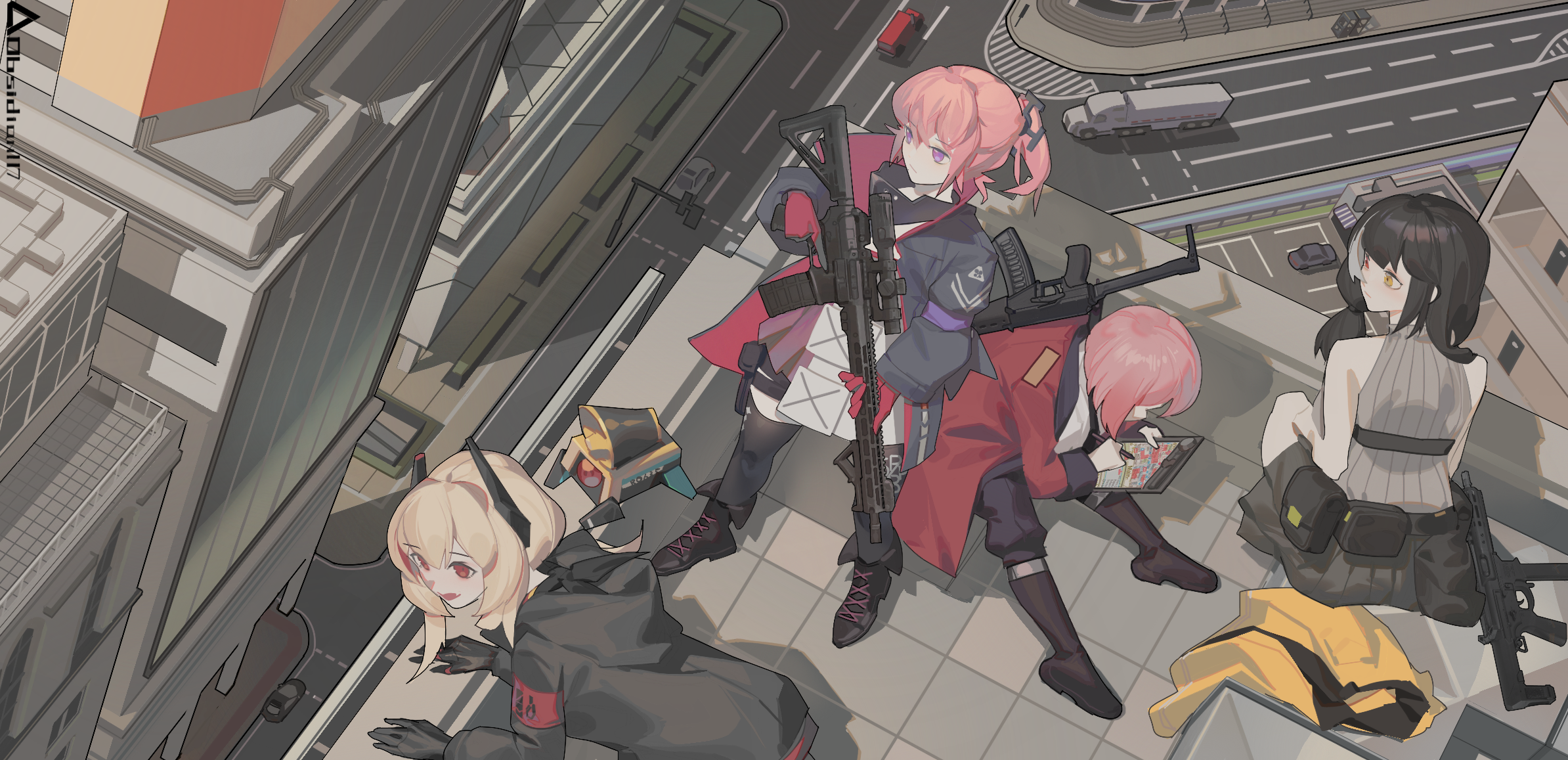 4girls ar-15 armband as_val assault_rifle banana_(girls'_frontline) bare_shoulders black_gloves black_hair black_jacket black_necktie black_skirt blonde_hair building car city coat colt_9mm_smg commentary_request female_commander_(girls'_frontline) girls'_frontline gloves grey_hair griffin_&_kryuger_military_uniform gun hair_between_eyes hair_ornament headgear highres holding holding_gun holding_tablet_pc holding_weapon jacket kalashnikov_rifle long_hair long_sleeves looking_down m4_sopmod_ii_(girls'_frontline) megaphone motor_vehicle multi-lane_road multicolored_hair multiple_girls necktie non-humanoid_robot obsidian117 on_roof open_mouth pink_hair red_armband red_coat red_eyes red_gloves red_hair rifle ro635_(girls'_frontline) road robot scope shadow shirt sitting_on_roof skirt sleeveless sleeveless_sweater smile st_ar-15_(girls'_frontline) standing_on_roof streaked_hair street submachine_gun sweater tablet_pc two-tone_hair unworn_jacket weapon white_shirt