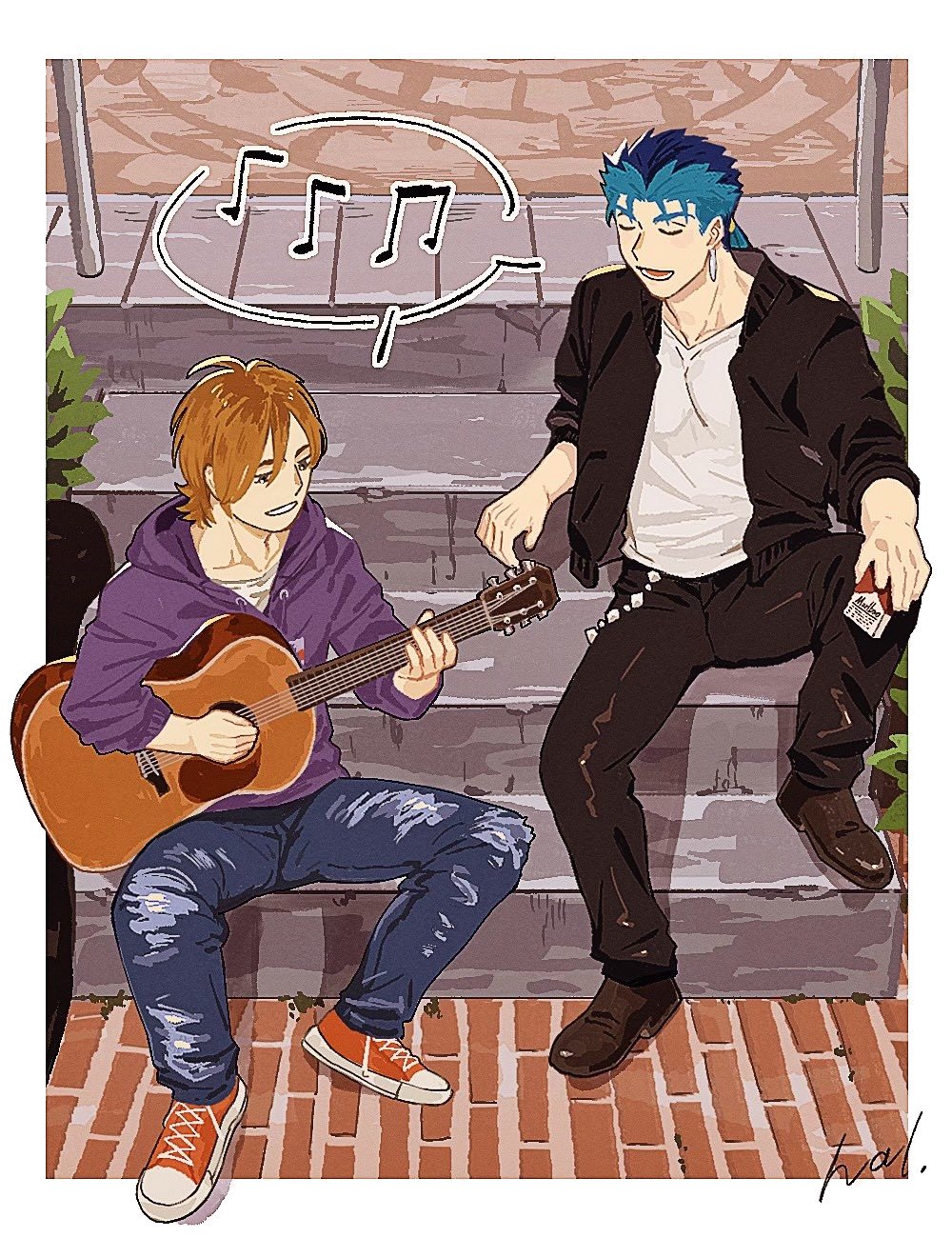 2boys acoustic_guitar black_jacket blue_hair blue_pants brown_hair cigarette_pack collarbone cu_chulainn_(casual_wear)_(fate) cu_chulainn_(fate) drawstring earrings fate_(series) guitar hal_(haaaalhal) highres holding holding_cigarette_pack holding_guitar holding_instrument hood hoodie instrument jacket jewelry long_hair lower_teeth_only male_focus marlboro multiple_boys music musical_note pants playing_instrument purple_hoodie shirt shoes short_hair singing sitting sitting_on_stairs sneakers spoken_musical_note stairs teeth uryuu_ryuunosuke white_shirt