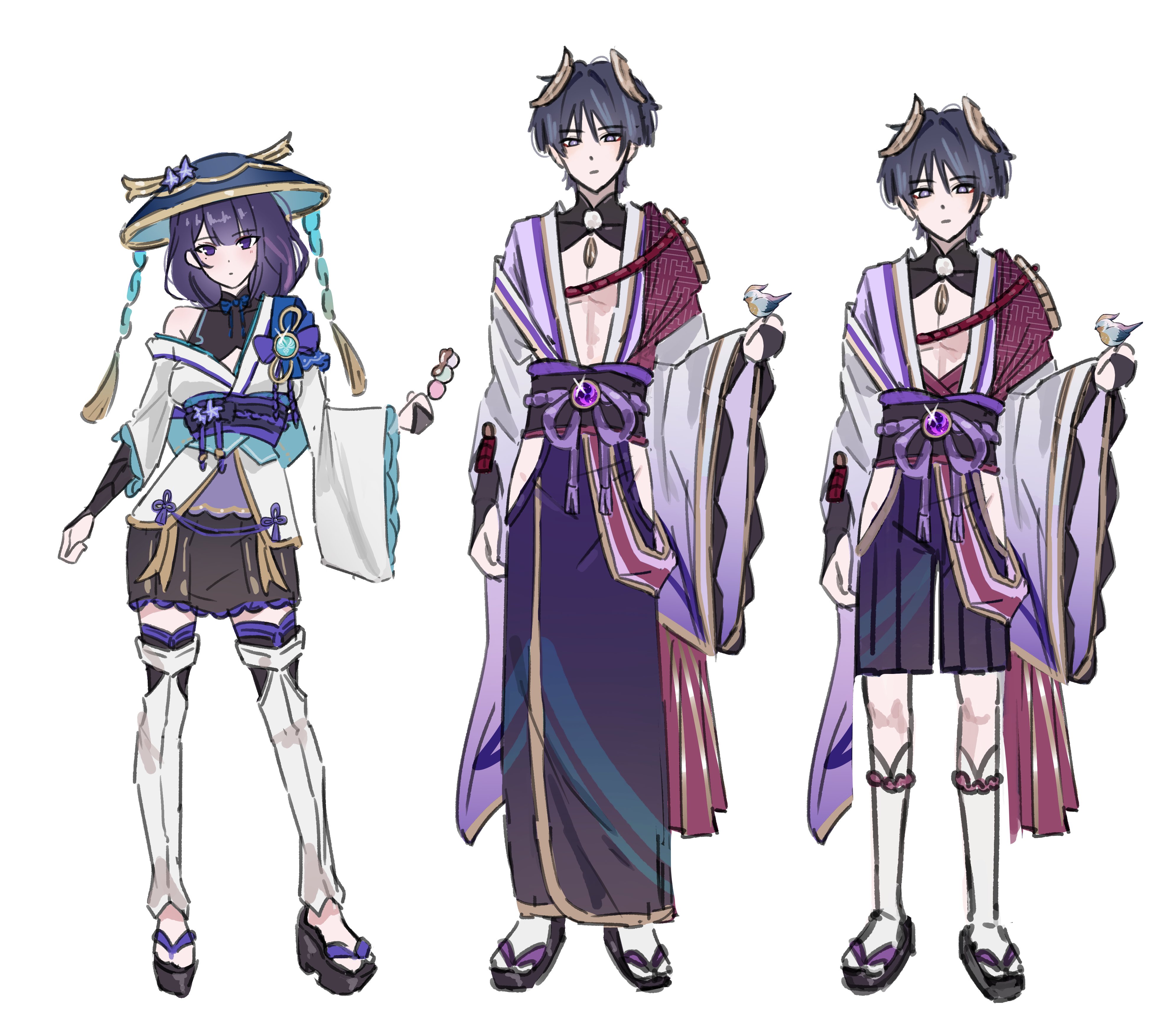 1girl 2boys absurdres adapted_costume alternate_costume alternate_universe anemo_symbol_(genshin_impact) armor armpit_crease arms_at_sides asymmetrical_sleeves bird bird_on_hand black_bodysuit black_footwear black_leggings black_shorts black_shrug black_skirt blank_eyes blue_bow blue_bowtie blue_gemstone blue_hat blunt_bangs blunt_ends bodysuit bow bowtie brother_and_sister center_opening chinese_knot closed_mouth contrapposto dango electro_symbol_(genshin_impact) expressionless fake_horns family father_and_daughter father_and_son feathers flower food frilled_sleeves frills gem genshin_impact gold hair_intakes hakama hakama_shorts hand_up hat hat_flower highres hime_cut holding holding_food horns japanese_armor japanese_clothes jingasa kimono kimono_skirt kote kurokote leg_warmers leggings long_sleeves looking_at_viewer mole mole_under_eye multicolored_hair multiple_boys obi obiage obijime okobo pectorals platform_sandals pleated_shorts pom_pom_(clothes) purple_bow purple_eyes purple_flower purple_hair purple_sleeves raiden_shogun sandals sash scaramouche_(genshin_impact) shorts shrug_(clothing) siblings single_off_shoulder sketch skirt standing straight-on streaked_hair tabi tassel wagashi wanderer_(genshin_impact) white_background white_eyes white_kimono white_leg_warmers white_sleeves wide_sleeves yamu_(yamu_030) yellow_feathers
