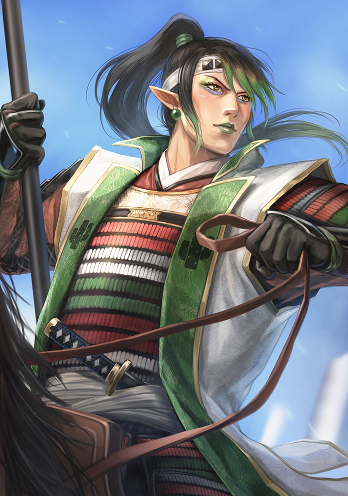1boy alternate_costume armor banner belt black_gloves black_hair blue_eyeshadow blue_sky blurry blurry_background colored_tips commentary_request cowboy_shot dou earrings eyelashes eyeshadow eyeshadow_under_eye gloves gold_trim green_armor green_eyeshadow green_hair green_lips hanabatake_chaika hands_up haori headband high_ponytail holding holding_polearm holding_reins holding_weapon horseback_riding japanese_armor japanese_clothes jewelry jinbaori katana kote kurokote light_blush lips lipstick long_bangs looking_to_the_side makeup male_focus motoyui multicolored_armor multicolored_eyeshadow multicolored_hair nijisanji nobori oyu_(b_47p) pointy_ears polearm ponytail red_armor reins riding samurai sheath sheathed shoulder_armor sky sode studded_headband sunken_cheeks sword turning_head two-tone_hair virtual_youtuber weapon white_armor white_belt white_haori white_headband yellow_eyes