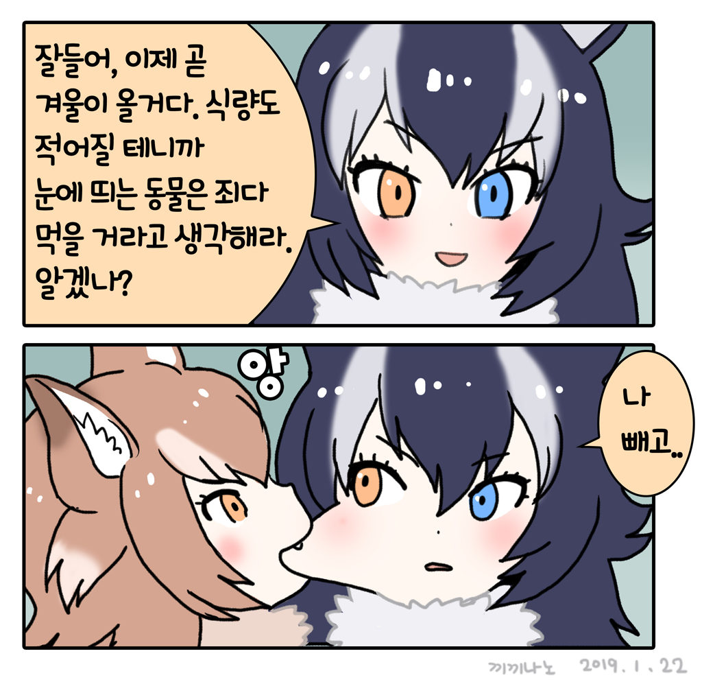 &gt;:o animal_ears biting black_hair blue_eyes brown_hair biting_cheek commentary_request fang fur_collar grey_wolf_(kemono_friends) heterochromia japanese_wolf_(kemono_friends) kemono_friends korean_commentary korean_text long_hair looking_at_another looking_at_viewer multicolored_hair orange_eyes photo-referenced roonhee short_hair smile streaked_hair translated v-shaped_eyebrows wolf_ears wolf_girl