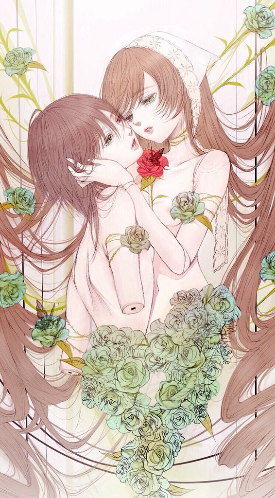 2girls amputee breasts brown_hair commentary_request completely_nude doll_joints flower hand_on_another&#039;s_cheek hand_on_another&#039;s_face heterochromia joints long_hair looking_at_another multiple_girls nude parted_lips rose rozen_maiden satsuki_kei short_hair small_breasts souseiseki suiseiseki very_long_hair yuri
