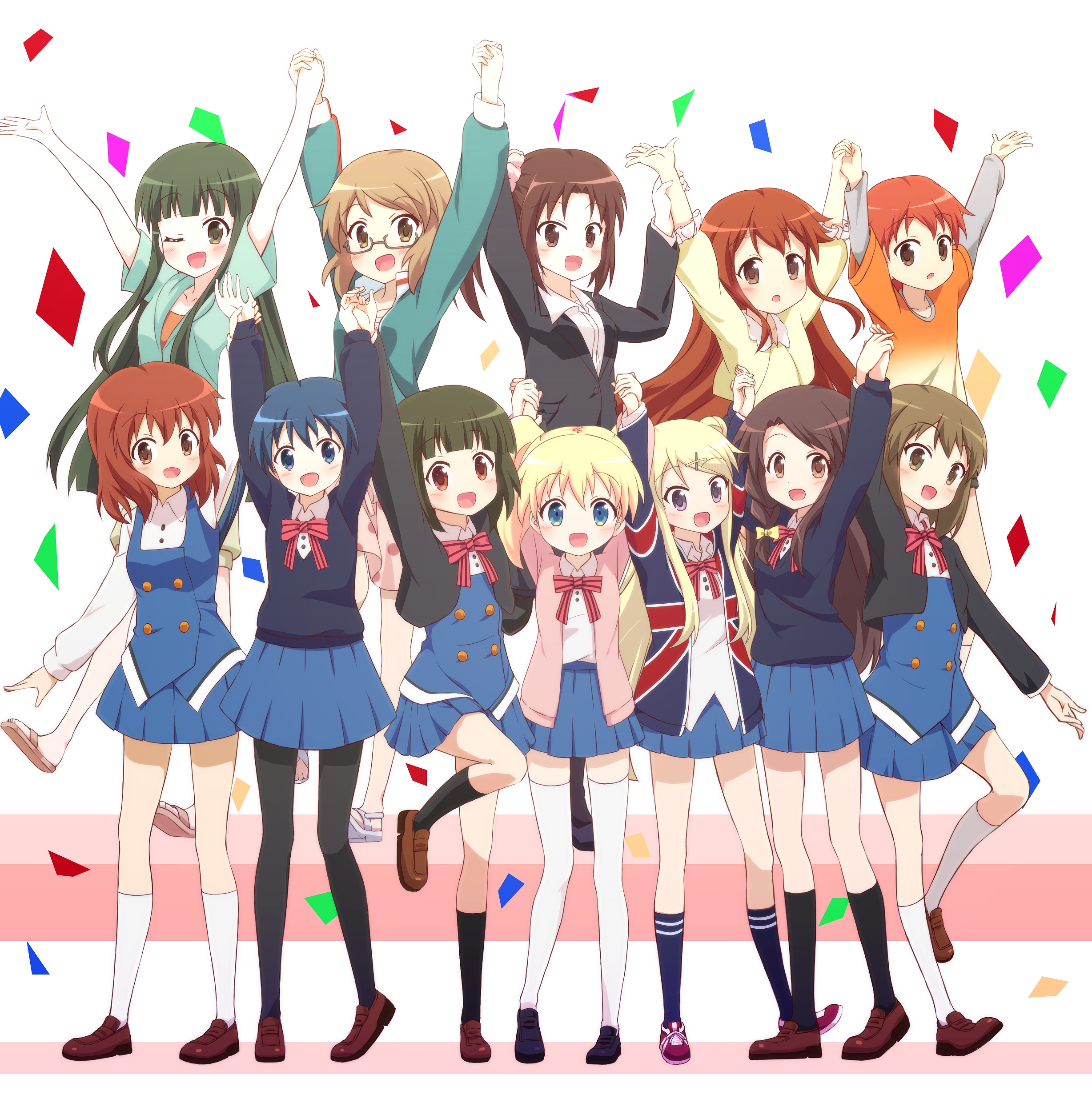 10s 1boy 6+girls absurdres alice_cartelet arm_up arms_up bassa black_hair blonde_hair blue_eyes blue_hair bow bowtie braid brother_and_sister brown_eyes brown_hair everyone formal_clothes glasses green_eyes green_hair hair_bow hair_ornament hairclip highres higurashi_kana holding_hands inokuma_kouta inokuma_mitsuki inokuma_youko jacket karasuma_sakura kin-iro_mosaic komichi_aya kujou_karen kuzehashi_akari long_hair matsubara_honoka multiple_girls one_eye_closed oomiya_isami oomiya_shinobu pantyhose purple_eyes school_uniform scrunchie shirt short_hair siblings side_ponytail sisters smile striped_bow striped_bowtie striped_clothes suit t-shirt thighhighs track_jacket twintails union_jack white_legwear x_hair_ornament zettai_ryouiki