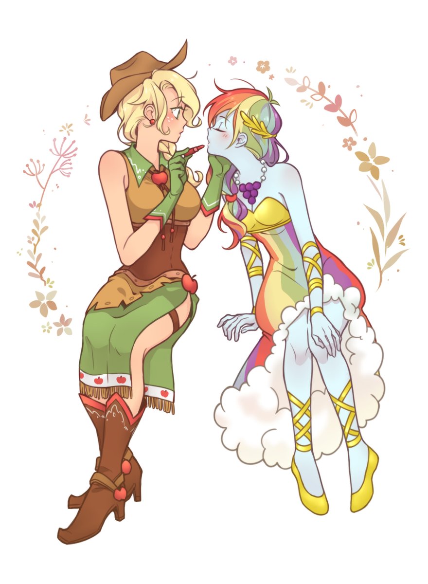 2girls apple_print applejack applejack_(equestria_girls) applying_lipstick applying_makeup arm_support armpit_crease arms_at_sides between_breasts blonde_hair blue_skin blush boots braid breasts brown_boots brown_hat brown_shirt cleavage closed_eyes collared_shirt colored_skin commentary cosmetics cowboy_boots cowboy_hat dcon_34 dress earrings facing_another food_print freckles fruit_print full_body gloves green_gloves green_skirt hair_ornament hand_on_another&#039;s_face hand_on_own_knee hands_up hat high_heel_boots high_heels highres holding holding_lipstick_tube invisible_chair jewelry large_breasts leaf_hair_ornament lipstick_tube long_hair looking_at_another low-tied_long_hair multicolored_dress multicolored_hair multiple_girls my_little_pony my_little_pony:_equestria_girls my_little_pony:_friendship_is_magic necklace parted_lips personification rainbow_dash rainbow_dash_(equestria_girls) rainbow_dress rainbow_hair raised_eyebrows shirt shoes side_slit simple_background single_braid sitting skirt sleeveless sleeveless_shirt strapless strapless_dress thigh_strap white_background yellow_shoes yuri