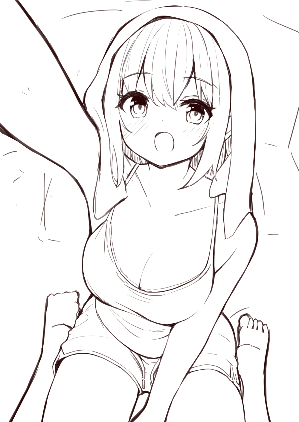 1girl :d barefoot bed blush breasts camisole childhood_friend_(ominaeshi) cleavage commentary_request dolphin_shorts greyscale hair_between_eyes highres looking_at_viewer medium_breasts monochrome ominaeshi_(takenoko) on_bed open_mouth original pillow reaching reaching_towards_viewer selfie short_shorts shorts sitting sketch smile solo towel towel_on_head wariza