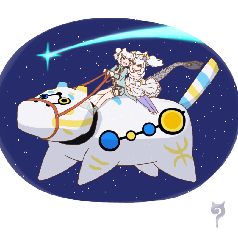 animal_ears blue_eyes byakko_(kemono_friends) comet dragon_ears dragon_girl dragon_horns dragon_tail dress ear_tufts extra_ears flat_chest formal_clothes frills fur-tipped_tail grey_hair hair_between_eyes heterochromia horns japari_symbol kemono_friends kemono_friends_3 kusamogura long_hair long_sleeves long_tail multicolored_hair multicolored_horns multiple_girls purple_eyes purple_horns riding shishin_(kemono_friends) sky smile star_(sky) starry_sky suit tail tiger_ears tiger_girl tiger_tail white_dragon_(kemono_friends) white_dress white_hair white_tiger_print yellow_eyes yellow_horns yuri