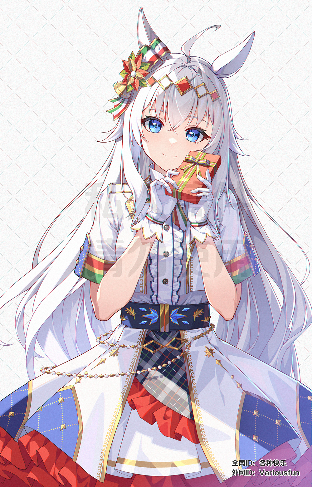1girl ahoge animal_ears bell blue_eyes blush box breasts brooch buttons center_frills commentary_request dress food frills ge_zhong_kuaile gem gloves gold_trim grey_hair hair_ornament highres holding holding_food horse_ears horse_girl jewelry looking_at_viewer medium_breasts official_alternate_costume oguri_cap_(miraculous_white_star)_(umamusume) oguri_cap_(umamusume) short_sleeves signature simple_background solo umamusume upper_body white_background white_dress white_gloves