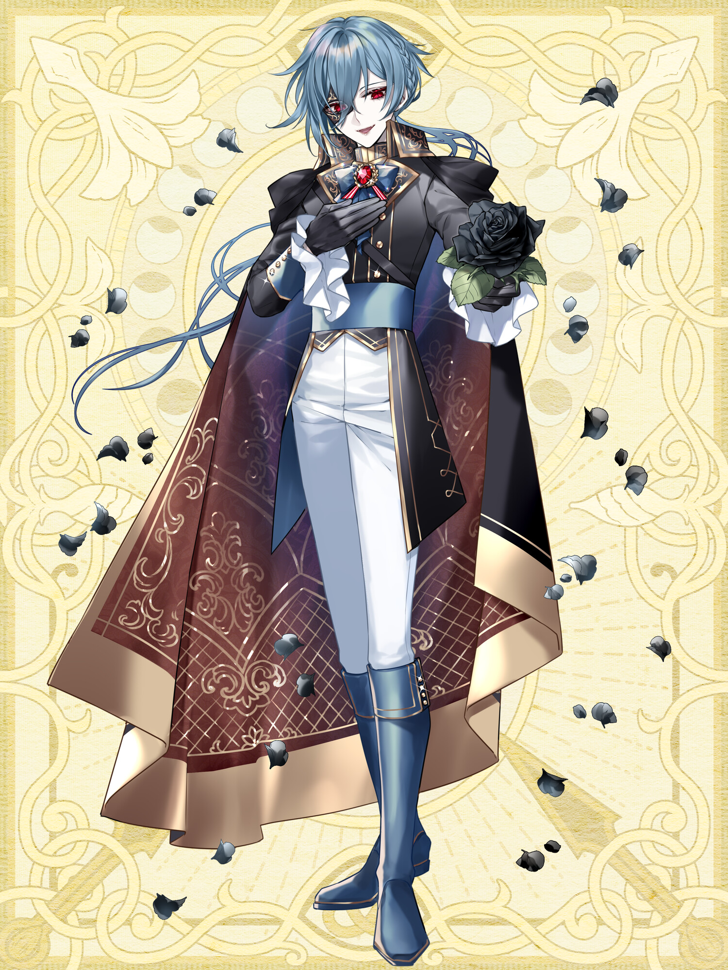1boy :d black_cape black_flower black_gloves black_jacket black_rose blue_boots blue_bow blue_bowtie blue_hair boots bow bowtie braid brooch brown_cape buttons cape collared_cape cuff_links cummerbund dairoku_ryouhei domino_mask double-breasted falling_petals fangs flower fold-over_boots frilled_sleeves frills full_body gem giving gloves gold_trim hair_between_eyes half_mask half_up_braid hand_on_own_chest highres holding holding_flower jacket jewelry knee_boots long_hair long_sleeves looking_at_viewer low_ponytail male_focus mask open_mouth pants patterned_clothing petals ponytail red_eyes red_gemstone rose smile solo two-sided_cape two-sided_fabric white_pants yellow_background yusa_tk74