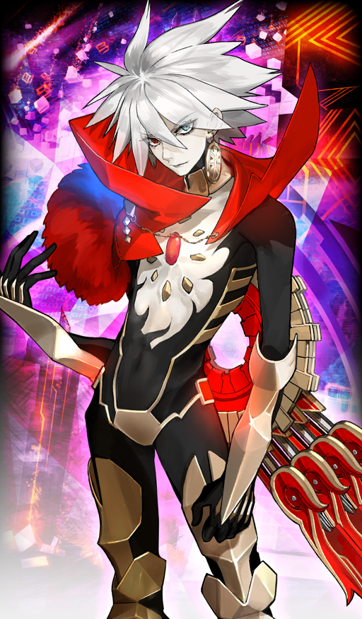 1boy armor armored_boots black_bodysuit blue_eyes bodysuit boots chest_jewel closed_mouth colored_skin commentary earrings fate/extella fate/extra fate/grand_order fate_(series) feet_out_of_frame gold_armor gold_boots gold_collar gold_earrings gold_vambraces hair_between_eyes heterochromia jewelry karna_(fate) kavacha_(fate) kundala_(fate) looking_at_viewer male_focus official_art red_eyes short_hair single_earring solo spiked_hair third-party_source vambraces wada_arco white_hair white_skin