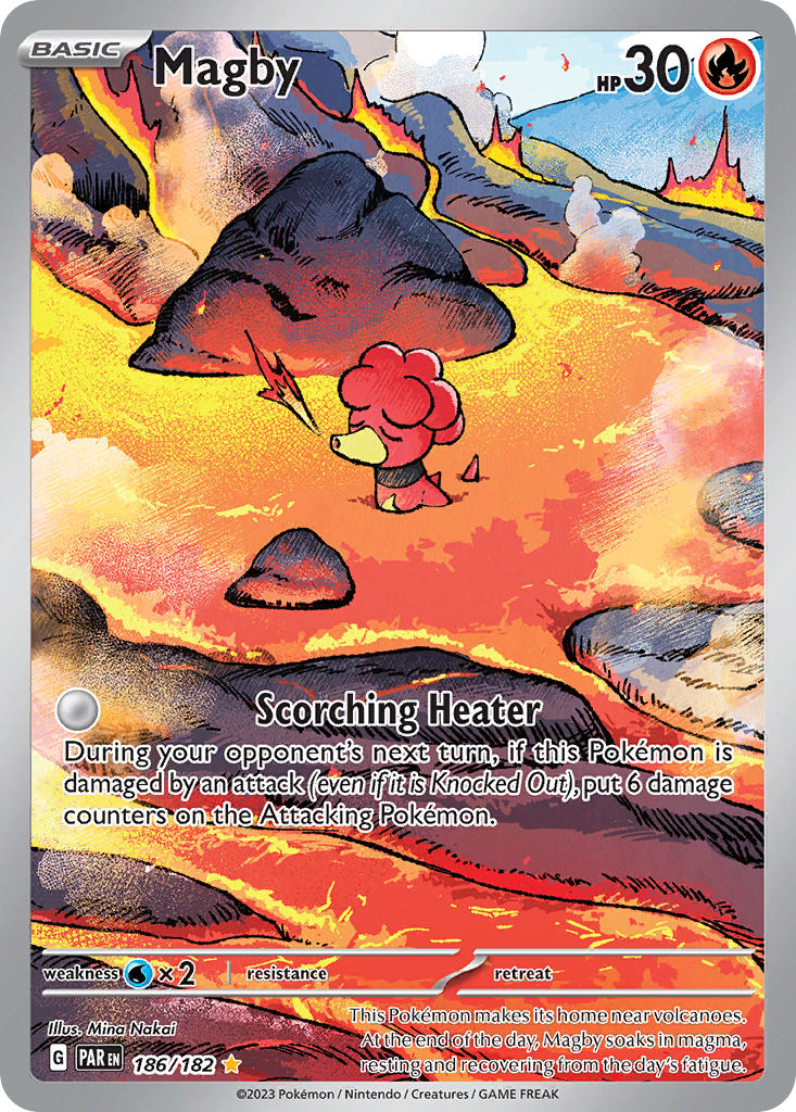 artist_name breath_weapon breathing_fire card_(medium) character_name closed_eyes company_name copyright_name copyright_notice english_text fire gen_2_pokemon lava magby nakai_mina nintendo no_humans official_art open_mouth pokemon pokemon_(creature) pokemon_card pokemon_focus pokemon_tcg smoke solo third-party_source trading_card
