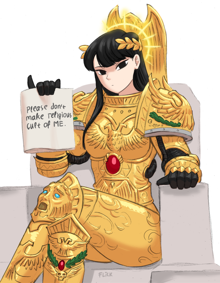 1girl armor black_eyes black_hair cosplay crossed_legs emperor_of_mankind emperor_of_mankind_(cosplay) english_text female_focus flick-the-thief gold_armor halo holding holding_sign komi-san_wa_komyushou_desu komi_shouko laurel_crown long_hair looking_at_viewer notebook pauldrons power_armor shoulder_armor sign signature simple_background solo throne two-headed_eagle warhammer_40k white_background