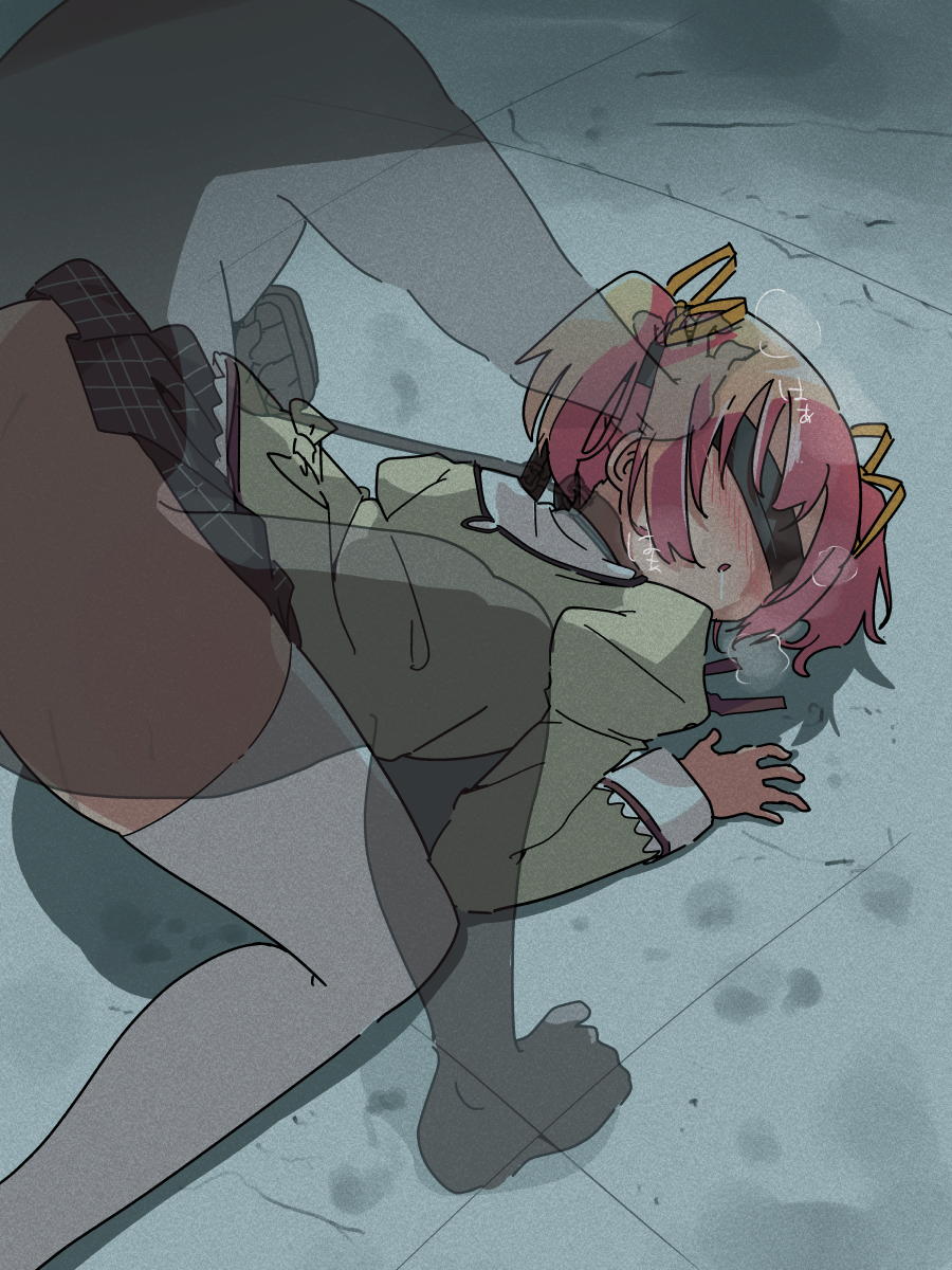 1boy 1girl bent_over black_skirt blindfold blush bow clothed_female_nude_male clothed_sex clothes_lift doggystyle drooling hand_on_another&#039;s_head hetero highres itagaki_super_dx juliet_sleeves kaname_madoka long_sleeves mahou_shoujo_madoka_magica mitakihara_school_uniform nude on_floor open_mouth pink_hair pinned plaid_clothes plaid_skirt puffy_sleeves red_ribbon ribbon rough_sex school_uniform sex sex_from_behind skirt skirt_lift thighhighs transparent twintails white_thighhighs yellow_bow yellow_ribbon