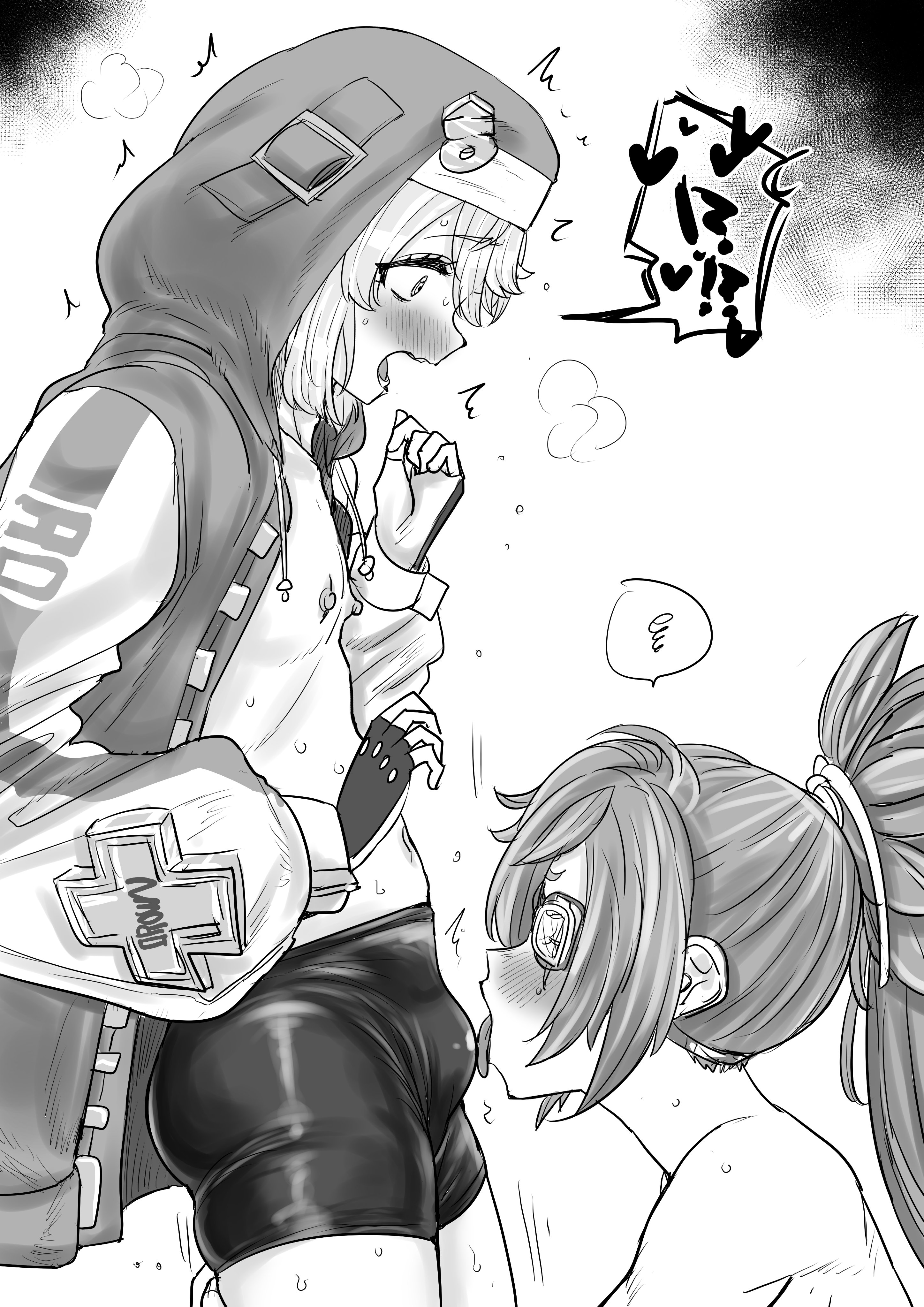 1boy 1girl absurdres androgyne_symbol baiken big_hair bike_shorts black_gloves blonde_hair blush breasts bridget_(guilty_gear) bulge bulge_to_face eyepatch facial_tattoo fingerless_gloves gloves guilty_gear guilty_gear_strive hetero highres hood hood_up hooded_jacket hoodie jacket kaiman_garupan large_breasts licking_bulge long_hair long_sleeves medium_hair nipples one-eyed open_clothes open_hoodie open_mouth ponytail scar scar_across_eye scar_on_face tattoo trap