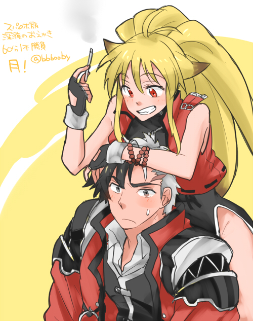 1boy 1girl akimoto_(akimomomoto) animal_ears antenna_hair arisu_reiji bad_id bad_pixiv_id black_hair blonde_hair fingerless_gloves fox_ears gloves grey_eyes grin multicolored_hair namco_x_capcom on_head ponytail red_eyes smile sweat two-tone_hair white_hair xiaomu