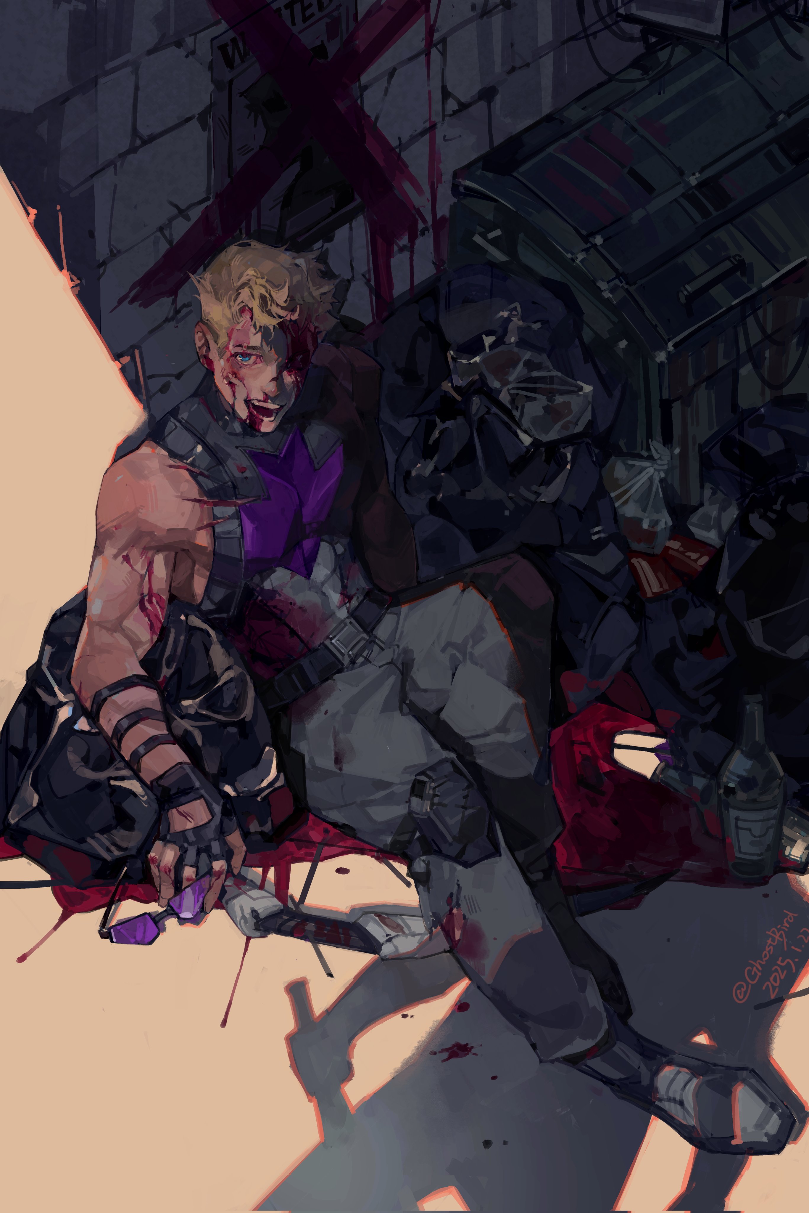 1boy absurdres against_wall armor artist_name bare_shoulders belt black_belt black_boots black_gloves black_shirt blonde_hair blood blood_on_arm blood_on_clothes blood_on_face blue_eyes boots bottle bow_(weapon) brick_wall clint_barton dated fingerless_gloves gloves goggles grey_pants hawkeye_(marvel) highres holding holding_goggles injury looking_at_viewer marvel muscular muscular_male open_mouth pants purple_armor shadow shirt short_hair sitting sleeveless sleeveless_shirt smile solo superhero_costume teeth torn_clothes trash_bag trash_can unworn_goggles wanted_poster weapon xingji20108