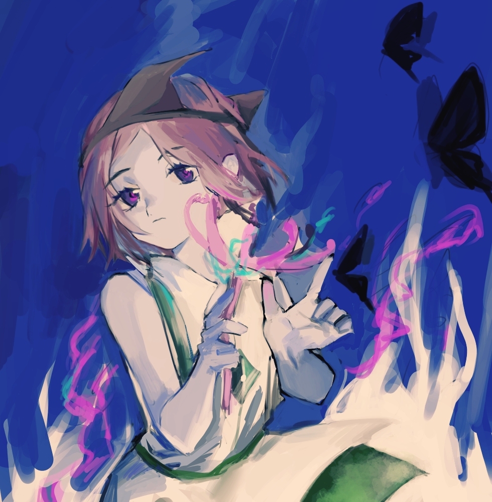1other androgynous chinese_commentary closed_mouth colored_skin commentary_request dress fire flower grey_headwear heinrich_(fernanderuddle) holding holding_flower len&#039;en other_focus pink_flower pink_hair purple_eyes shion_(len&#039;en) short_hair sketch sleeveless sleeveless_dress solo spider_lily triangular_headpiece white_dress white_skin