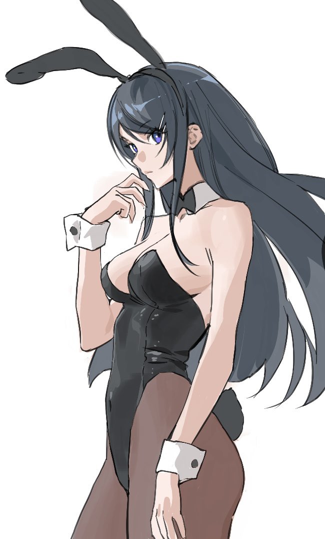 1girl animal_ear_hairband animal_ears black_bow black_bowtie black_hair black_leotard black_pantyhose blue_eyes bow bowtie breasts cleavage cowboy_shot detached_collar fake_animal_ears hairband leotard medium_breasts pantyhose playboy_bunny rabbit_ears rabbit_tail sakurajima_mai seishun_buta_yarou serpent_(pepepp39) simple_background solo strapless strapless_leotard tail white_background wrist_cuffs