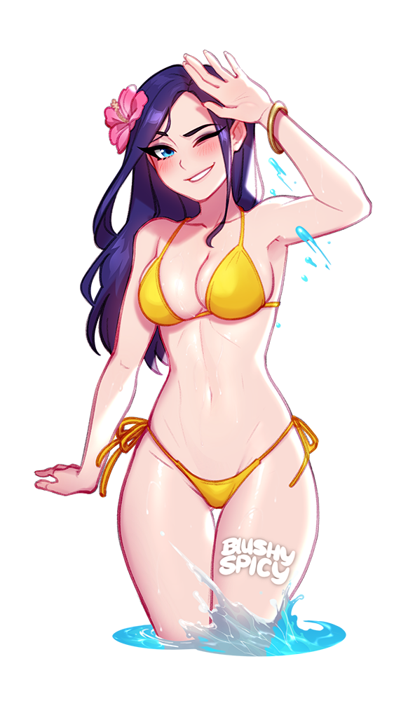 1girl alternate_costume arm_up artist_name bare_shoulders bikini blush blushyspicy bracelet breasts caitlyn_(league_of_legends) cleavage flower groin hair_flower hair_ornament jewelry league_of_legends medium_breasts navel one_eye_closed outline pink_flower pool_party_caitlyn smile solo stomach swimsuit transparent_background wading water white_outline yellow_bikini
