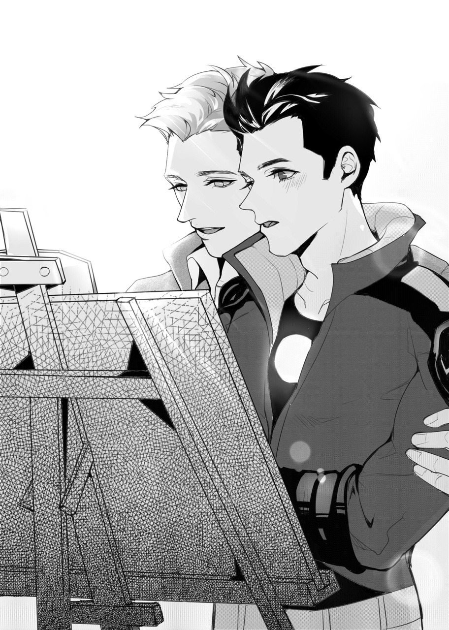 2boys animification arc_reactor avengers_(series) avengers_academy blush collared_shirt commentary easel english_commentary fingernails greyscale hand_up highres jacket long_sleeves looking_at_object male_focus marvel monochrome multiple_boys open_clothes open_jacket open_mouth shirt short_hair simple_background smile standing steve_rogers t-shirt teeth tongue tony_stark ultimatesue
