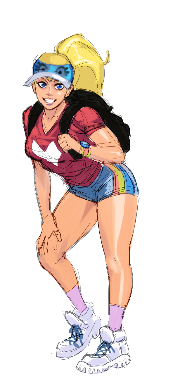 1girl alternate_hairstyle backpack bag blonde_hair blue_eyes breasts commentary diepod female_focus full_body grin hand_on_own_knee highres long_hair no_mask ponytail rainbow_mika shirt shoes short_shorts shorts sketch smile sneakers socks solo street_fighter t-shirt visor_cap watch wristwatch