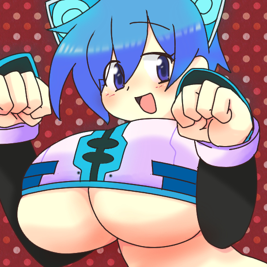 1girl blue_eyes blue_hair blush breasts fanloid huge_breasts kaiko_(vocaloid) kaiko_shion solo underboob vocaloid