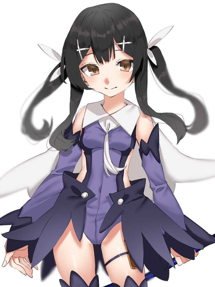 1girl ameman black_hair black_skirt black_thighhighs breasts brown_eyes cape commentary covered_navel cowboy_shot detached_sleeves fate/kaleid_liner_prisma_illya fate_(series) hair_ornament hairclip holster leotard long_hair long_sleeves looking_at_viewer magical_girl miyu_edelfelt miyu_edelfelt_(magical_girl) purple_leotard showgirl_skirt sideless_leotard sidelocks simple_background skirt small_breasts smile solo thigh_holster thighhighs twintails white_background white_cape x_hair_ornament