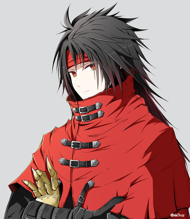1boy black_gloves black_hair border clawed_gauntlets cloak closed_mouth crossed_arms final_fantasy final_fantasy_vii final_fantasy_vii_rebirth final_fantasy_vii_remake gloves grey_background hair_between_eyes headband long_hair looking_at_viewer male_focus nanao_(zonzonsh) portrait red_cloak red_eyes red_headband solo upper_body vincent_valentine white_border