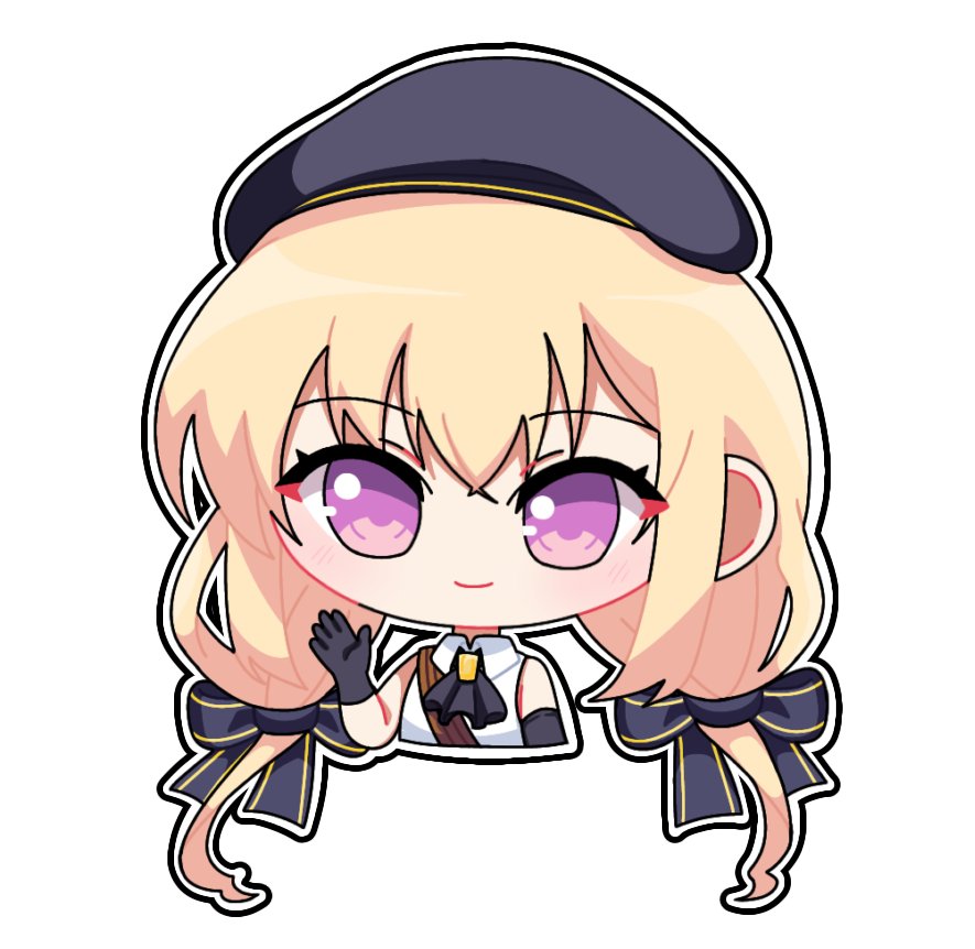 1girl arm_at_side assault_lily asymmetrical_gloves beret black_bow black_gloves black_hat black_outline blonde_hair blush bow chibi closed_mouth collared_shirt commentary cropped_arms cropped_torso crossed_bangs elbow_gloves gloves hair_bow hand_up hat long_hair looking_at_viewer low_twintails odaiba_girls_high_school_uniform open_hand outline purple_eyes school_uniform shirt shoulder_strap simple_background sleeveless sleeveless_shirt smile solo takehisa_nakaba twintails upper_body white_background white_shirt yui_(yui1115_)