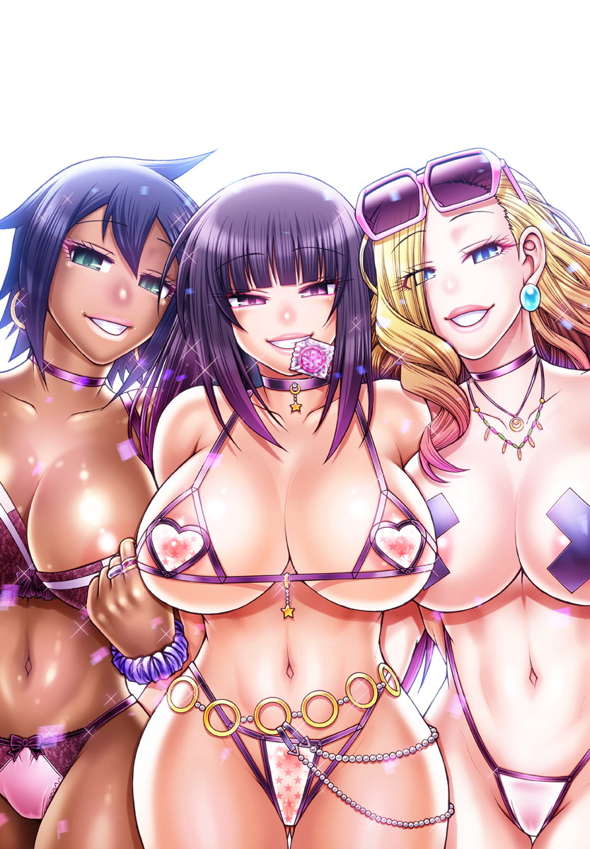 3girls areola_slip bikini breasts chiba_toshirou choker condom condom_in_mouth cross cross_pasties dark-skinned_female dark_skin earrings highres jewelry large_breasts long_hair looking_at_viewer mouth_hold multiple_girls pasties smile sunglasses swimsuit