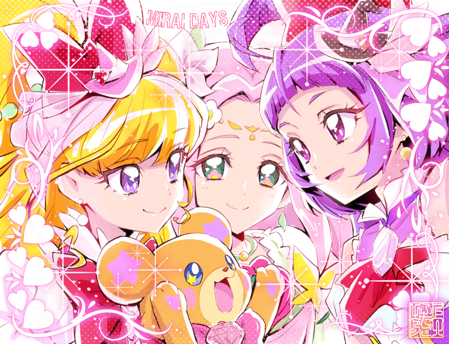 3girls animal asahina_mirai bear black_hat blonde_hair blue_eyes border bow breasts closed_mouth cure_felice cure_magical cure_miracle detached_sleeves diamond_brooch dress eyelashes flower flower_in_eye gradient_eyes green_eyes hair_bow hair_flower hair_intakes hair_ornament hanami_kotoha hands_up hat holding holding_animal izayoi_liko kamikita_futago long_hair looking_at_another magical_girl mahou_girls_precure! mahou_girls_precure!!_mirai_days mofurun_(mahou_girls_precure!) multicolored_eyes multiple_girls open_mouth pink_border pink_bow pink_dress pink_eyes pink_flower pink_hair pink_hat ponytail precure puffy_short_sleeves puffy_sleeves purple_dress purple_eyes purple_hair red_bow short_bangs short_sleeves simple_background small_breasts smile star_(symbol) star_in_eye straight_hair symbol_in_eye tareme two_side_up upper_body white_background witch_hat yellow_eyes