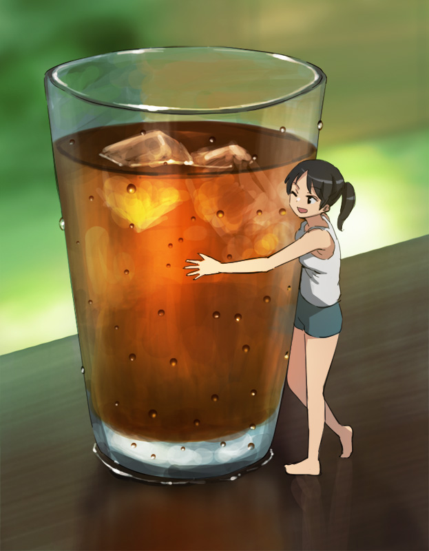 1girl barefoot black_hair blue_shorts blurry blurry_background cup drinking_glass hashi hugging_object ice ice_cube iced_tea mini_person minigirl one_eye_closed original ponytail reflective_table short_shorts shorts solo standing table tank_top tea white_tank_top