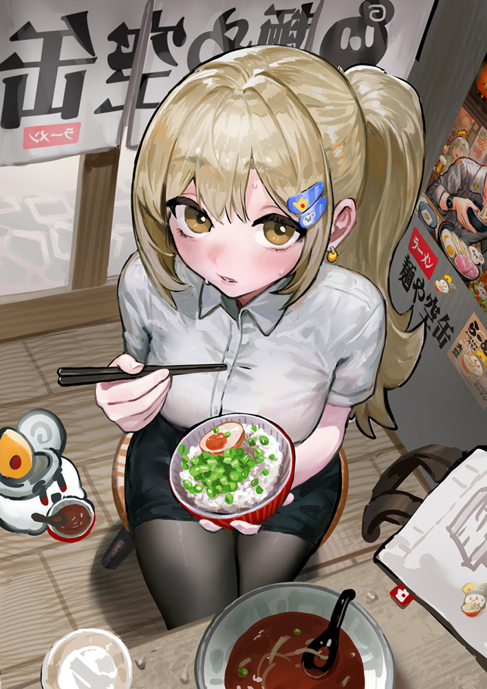 1girl black_skirt bowl brown_eyes canking chopsticks collared_shirt commentary_request dress_shirt earrings food grey_pantyhose hair_between_eyes hair_ornament hairclip holding holding_bowl holding_chopsticks indoors jewelry light_brown_hair long_hair looking_at_viewer original pantyhose parted_lips pencil_skirt ponytail rice shirt short_sleeves skirt solo sweat thick_eyebrows white_shirt wooden_floor