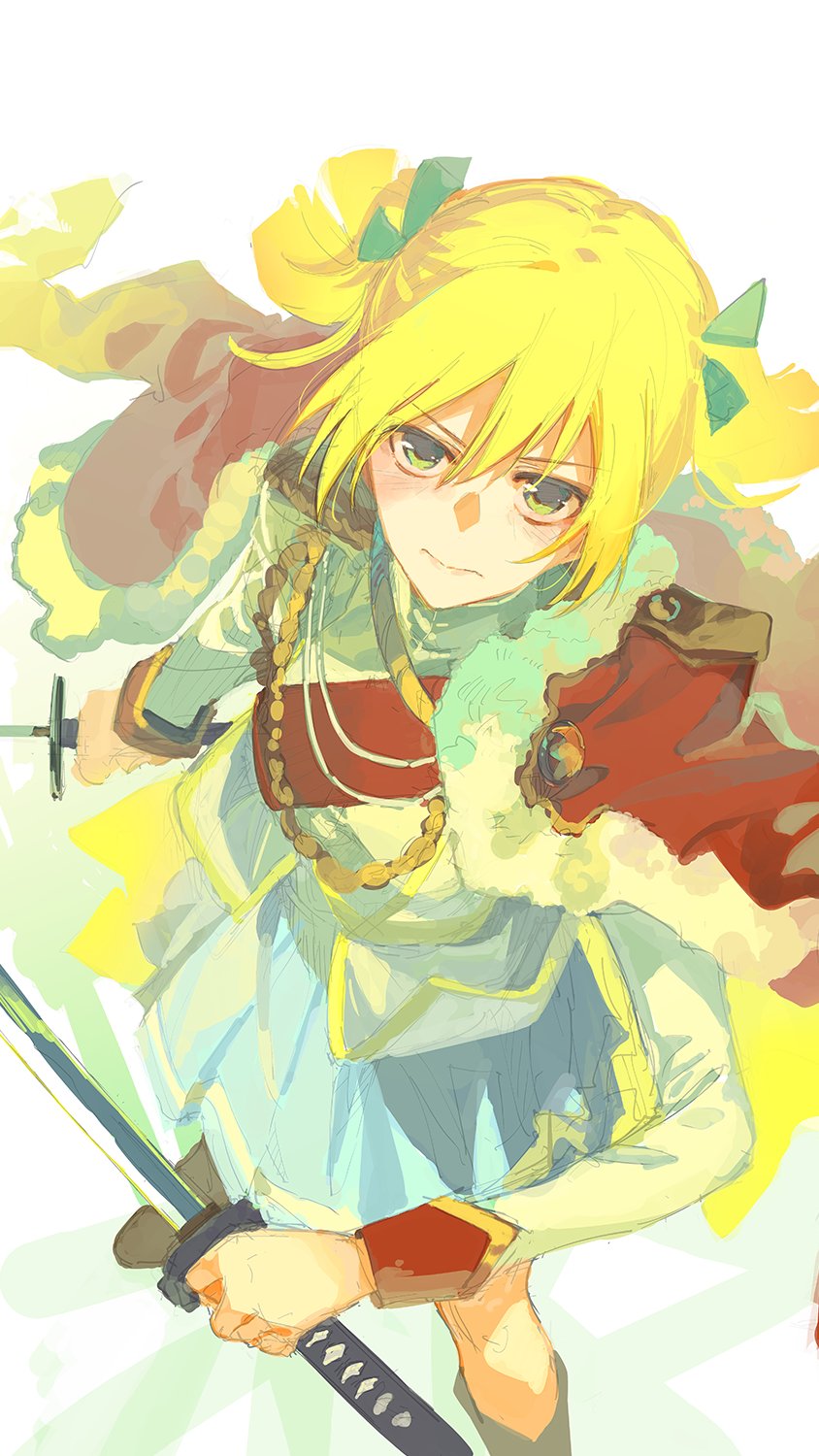 &gt;:( 1girl aiguillette arm_at_side blonde_hair blue_skirt blush boots brown_boots clenched_hands closed_mouth daiba_nana dual_wielding epaulettes floating_clothes from_above full_body fur-trimmed_jacket fur_trim green_eyes green_ribbon hair_between_eyes highres holding holding_sword holding_weapon horizontal-striped_skirt jacket jacket_on_shoulders lips long_sleeves looking_at_viewer pin red_jacket red_sash ribbon sash seu_kaname shadow short_hair short_twintails shoujo_kageki_revue_starlight shoulder_sash sidelocks simple_background single_horizontal_stripe sketch skirt solo standing sword three_quarter_view twintails v-shaped_eyebrows weapon white_background white_jacket