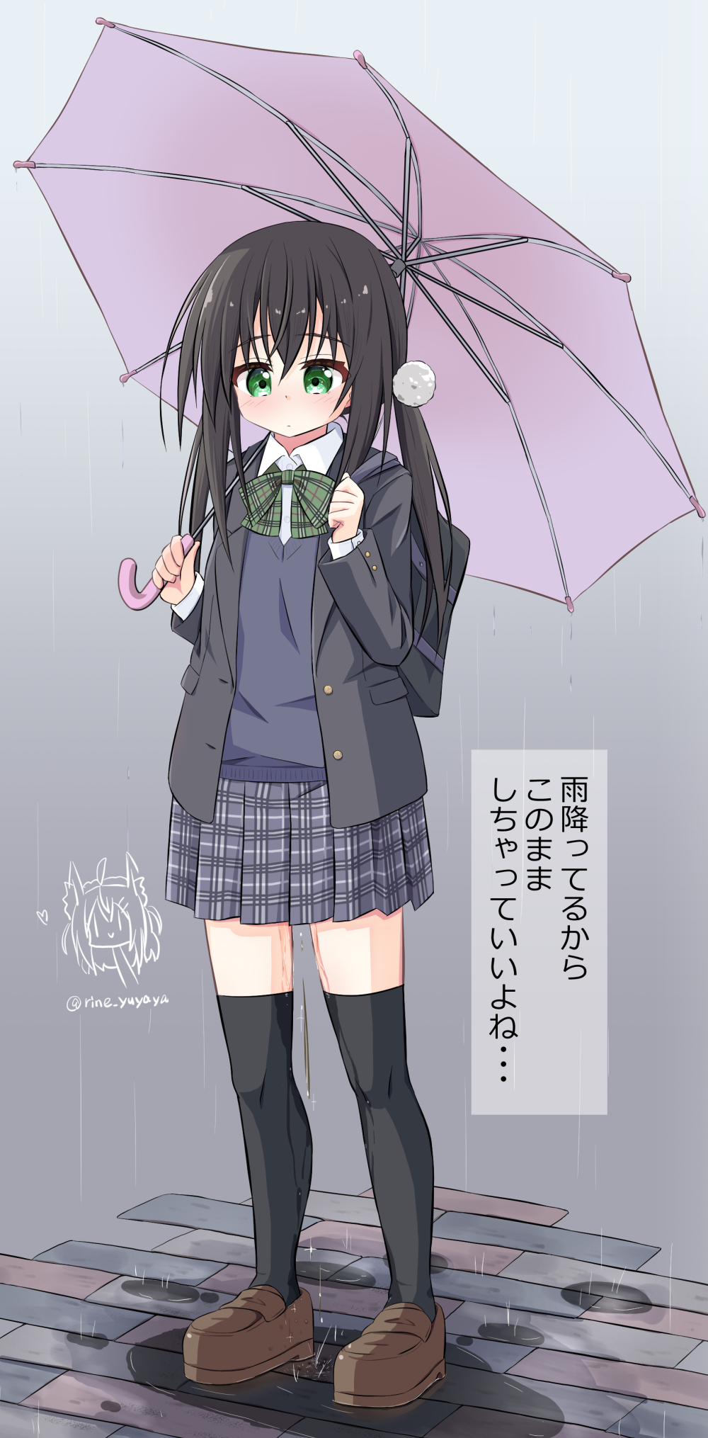 1girl bag black_hair black_jacket black_thighhighs blazer blonde_dog_girl_(ri-net) blush bow brown_shoes character_watermark check_translation closed_mouth collared_shirt commentary_request dress_shirt full_body green_bow green_eyes grey_skirt hair_between_eyes hands_up heart highres holding holding_umbrella jacket loafers long_hair nonchalant_peeing open_clothes open_jacket original paid_reward_available pee peeing peeing_in_public peeing_self pink_umbrella plaid_bow plaid_clothes plaid_skirt pleated_skirt rain ri-net school_bag school_uniform shirt shoes skirt solo sweater_vest thighhighs translation_request twintails twitter_username umbrella white_shirt