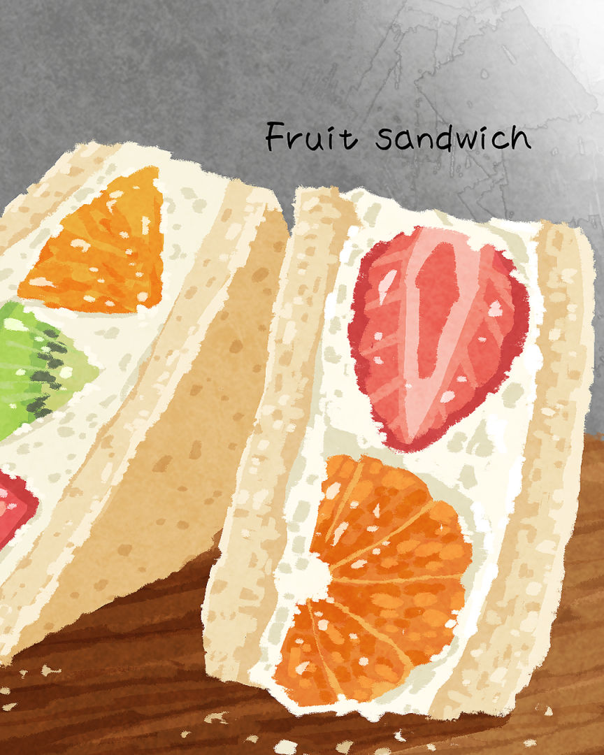 bread commentary_request cream english_text food food_focus food_name fruit fruit_sandwich kiwi_(fruit) kiwi_slice miclot no_humans original sandwich still_life strawberry strawberry_slice table