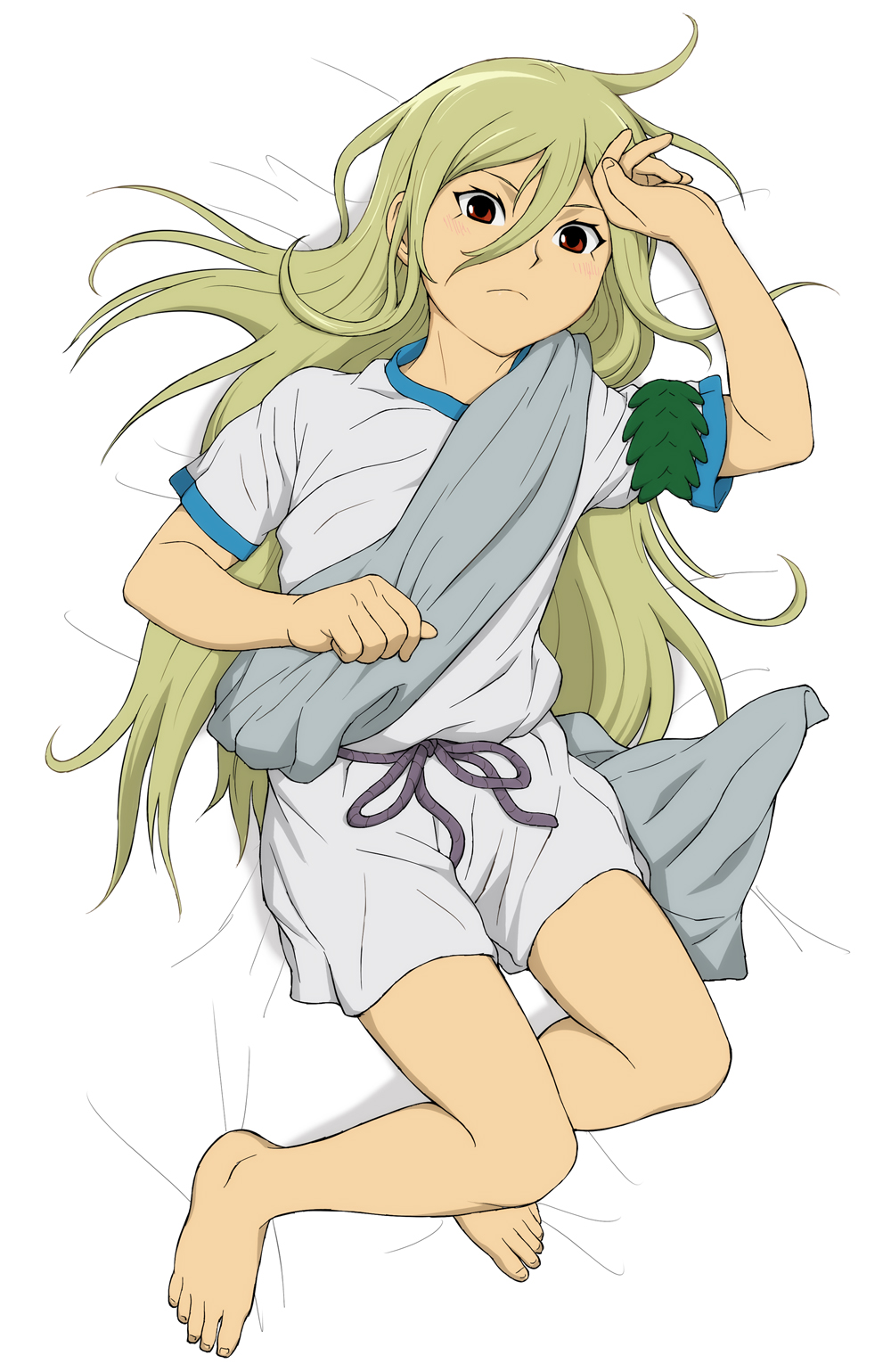 1boy afuro_terumi barefoot blonde_hair child dakimakura_(medium) feet full_body hair_between_eyes highres inazuma_eleven inazuma_eleven_(series) looking_at_viewer male_focus red_eyes soccer_uniform solo sportswear yamamiya_hiroshi zeus_(inazuma_eleven)