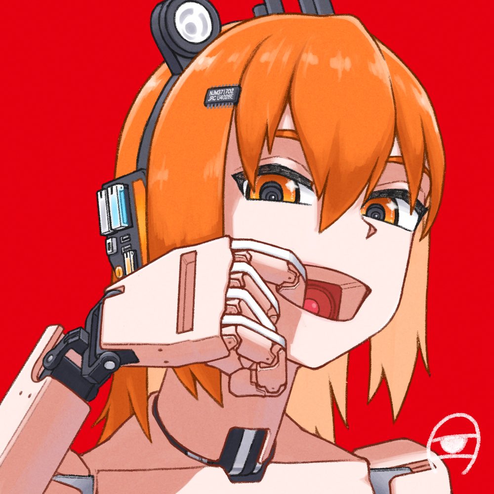 1girl a.i._voice adachi_rei android finger_in_own_mouth headlamp kanbaru_mitsuki looking_at_viewer mechanical_arms orange_eyes orange_hair radio_antenna red_background robot short_hair simple_background solo speaker upper_body utau