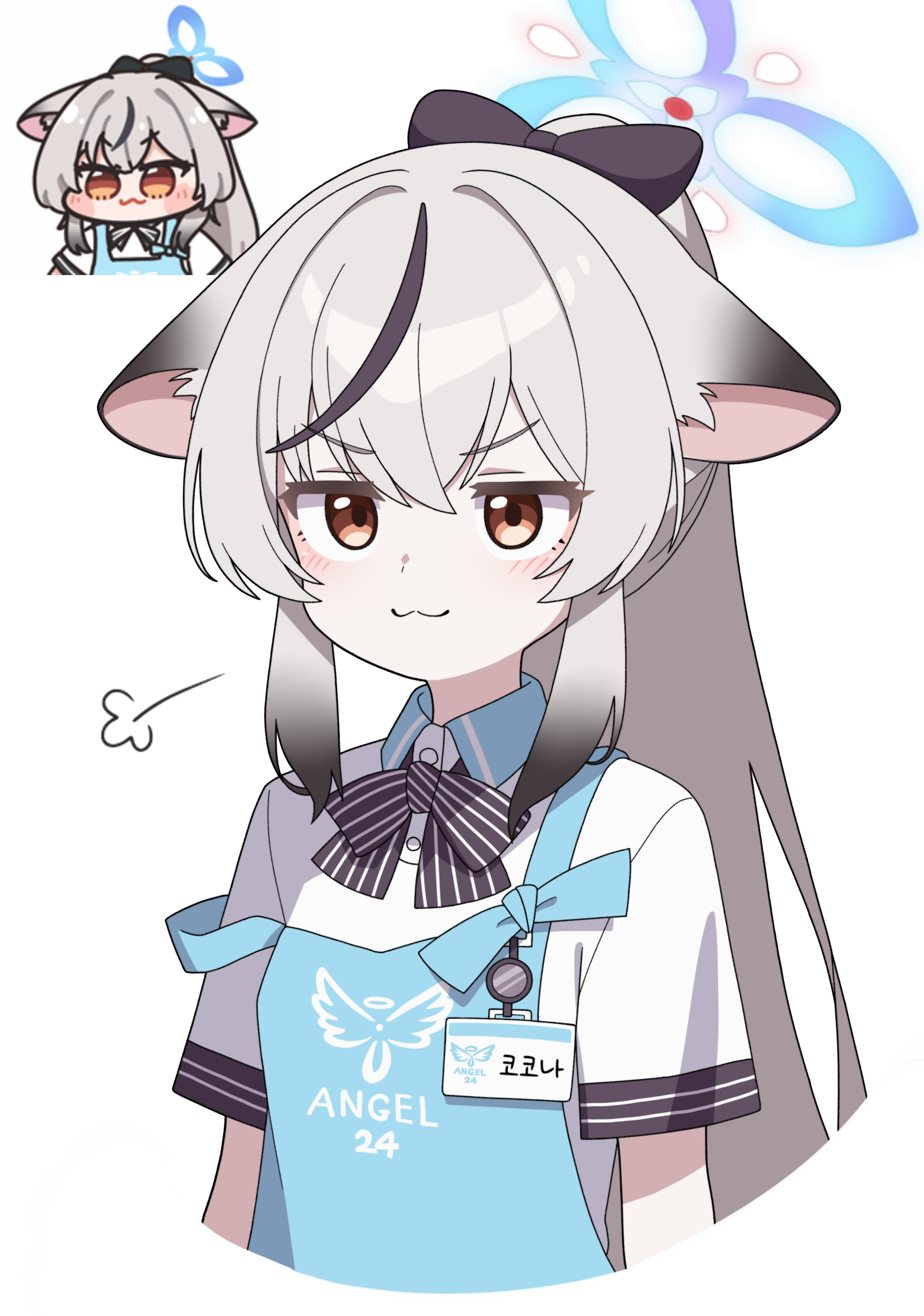 1girl :3 absurdres alternate_costume alternate_hairstyle apron black_bow blue_apron blue_archive blue_collar blush bow closed_mouth collar colored_tips grey_hair hair_between_eyes hair_bow highres kokona_(blue_archive) long_hair looking_at_viewer multicolored_hair ponytail shirt sidelocks solo striped_bow upper_body vector_(dmlddmld00) white_shirt yellow_eyes